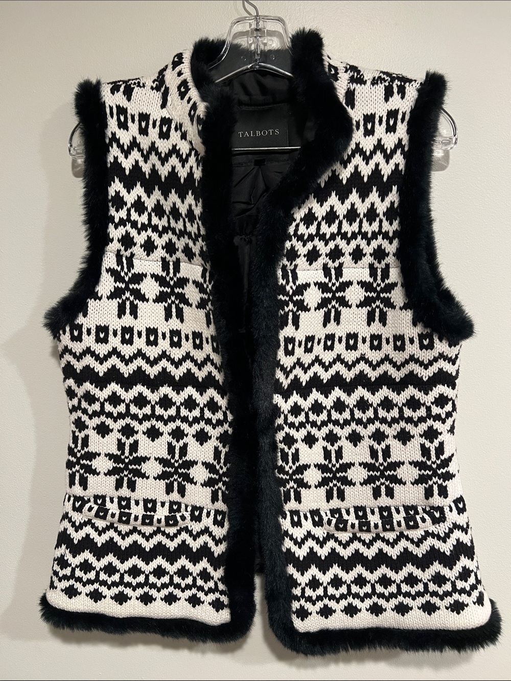 Talbots Black & White Fair Isle Faux-Fur Trim Vest
